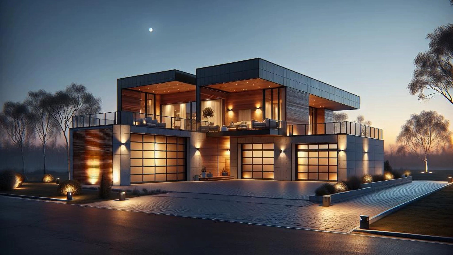 Luxury villa exterior with lighting